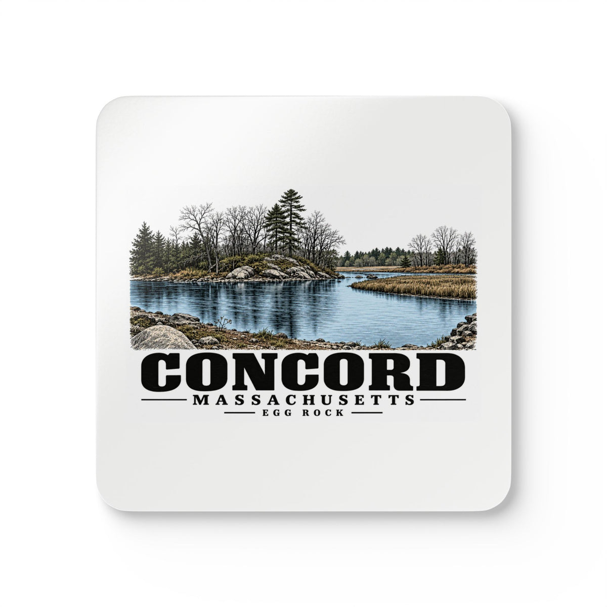 Illustrated Egg Rock in Concord on corkwood coaster set