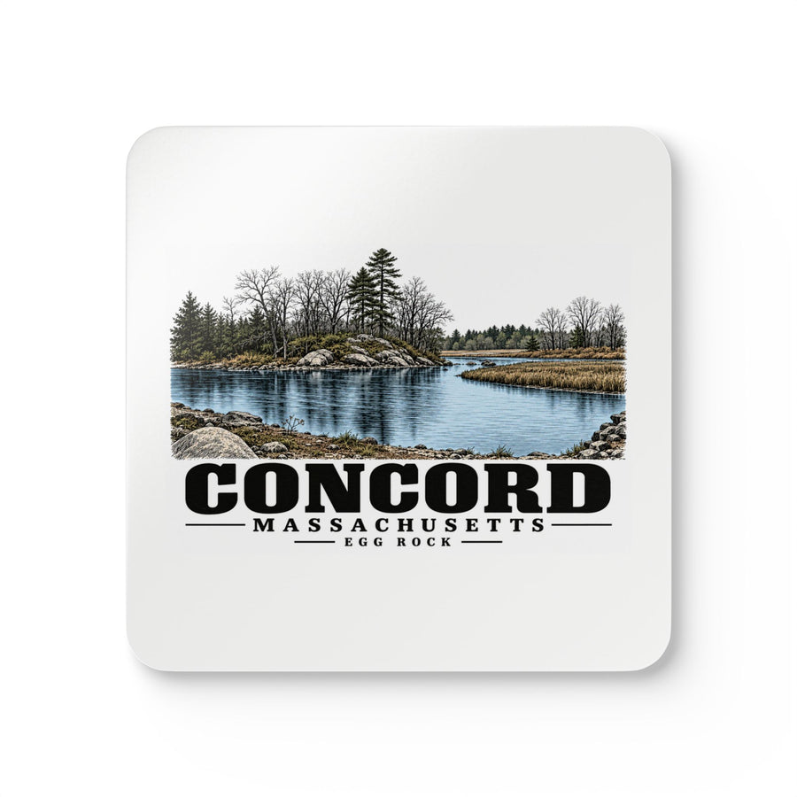 Illustrated Egg Rock in Concord on corkwood coaster set