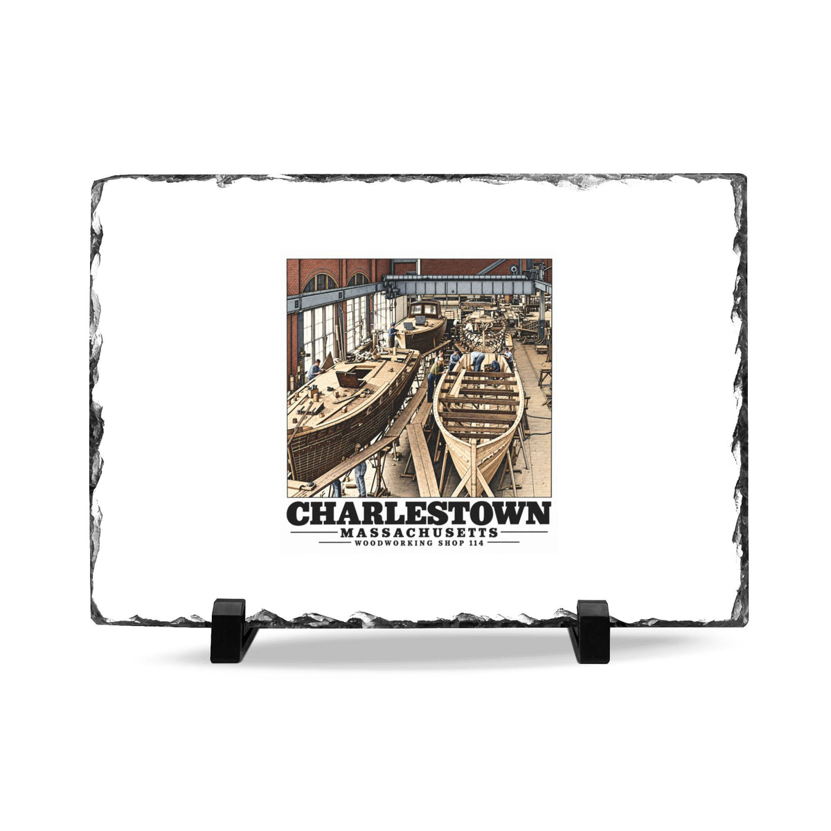 Front of 11 x 7 inch slate plaque with small-boat building artwork and Charlestown lettering
