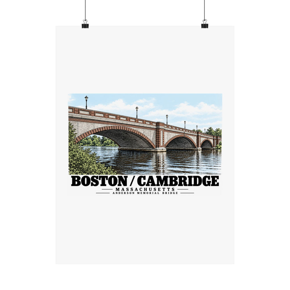 Anderson Memorial Bridge close arch view poster with Boston/Cambridge lettering hanging from two binder clips