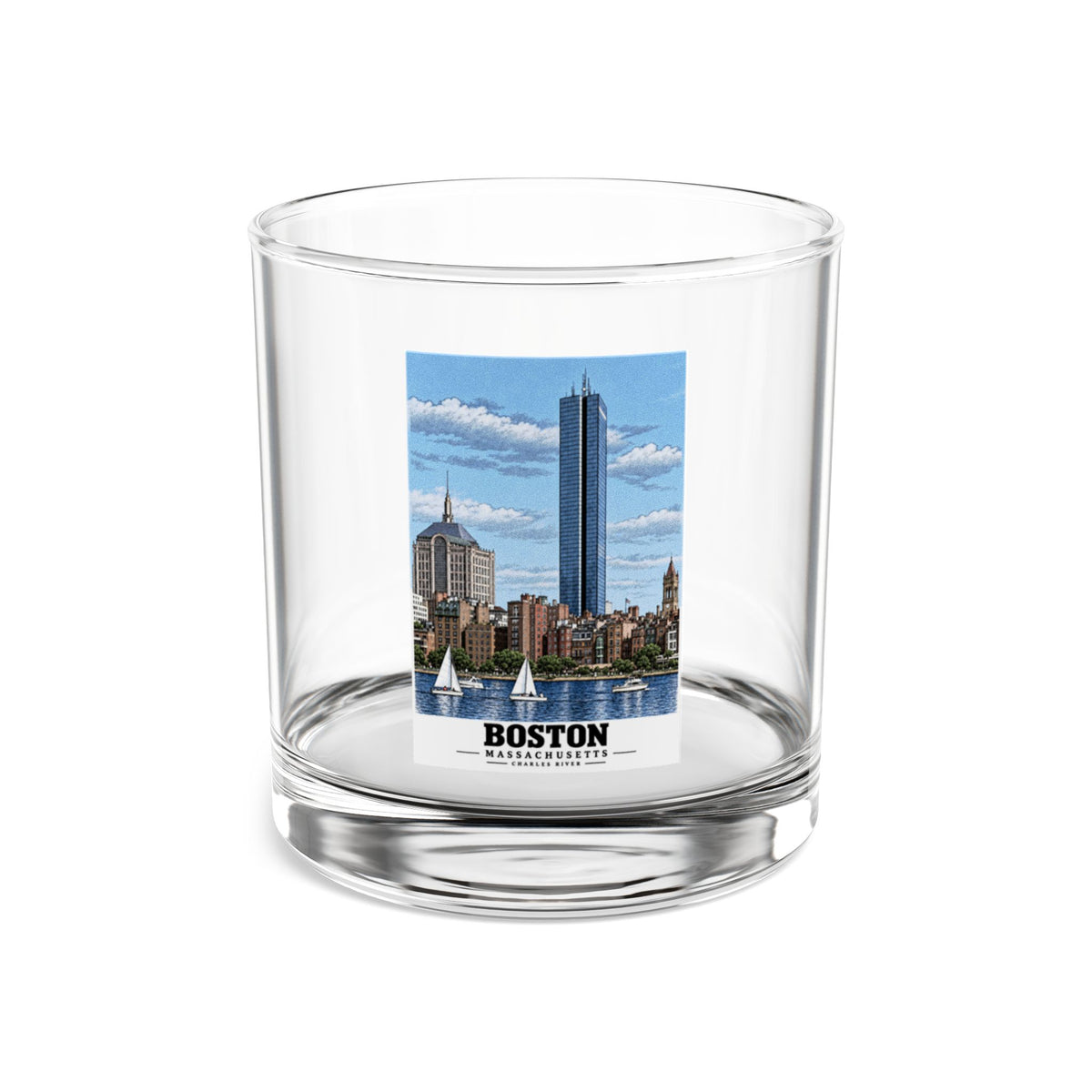 Illustrated Boston, Massachusetts, from the Charles River in Boston and Cambridge on rocks glass