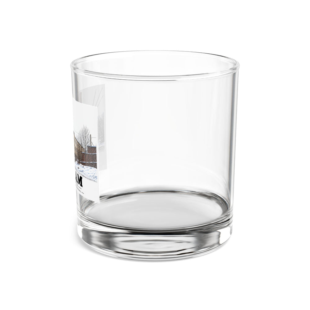 Illustrated Norfolk Manufacturing Company Cotton Mill in Dedham on rocks glass
