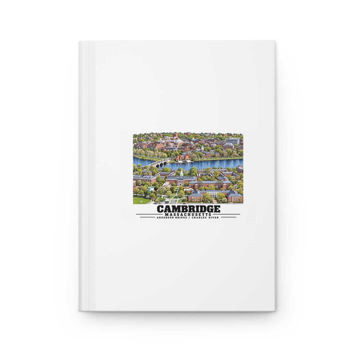 White hardcover journal front with Cambridge and Charles River aerial artwork and Cambridge lettering.