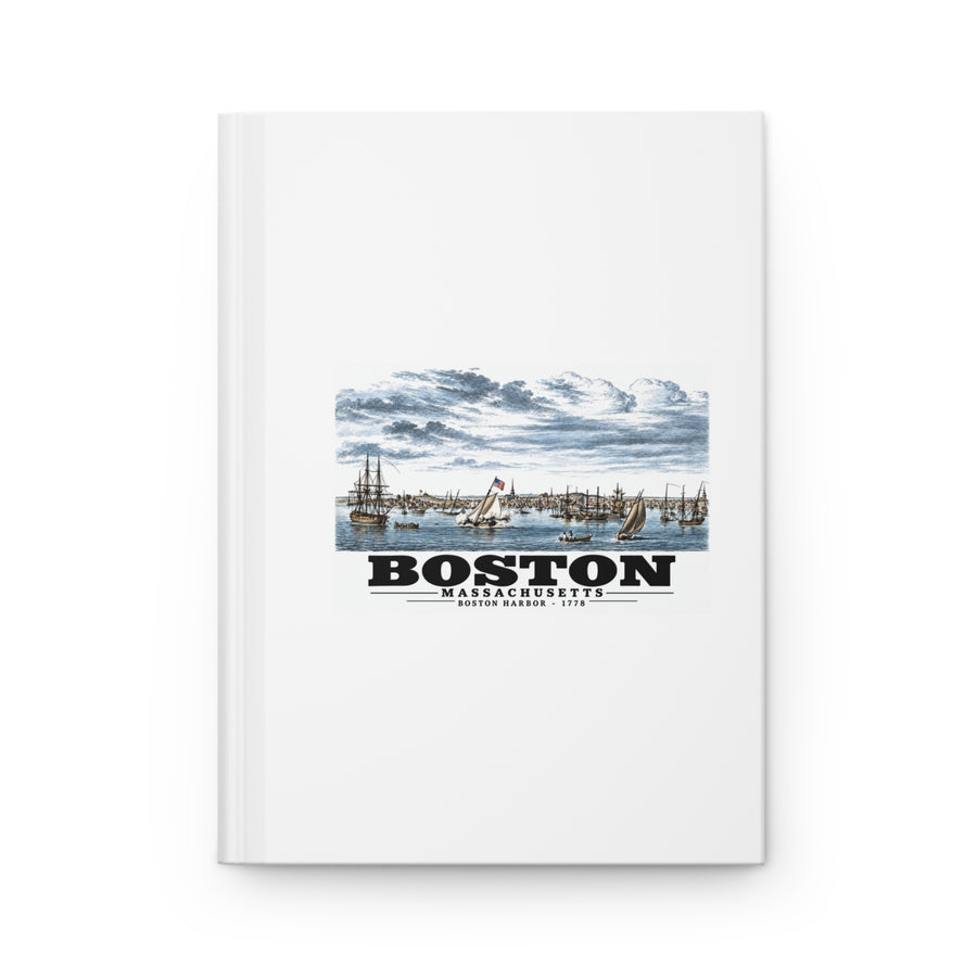 White hardcover journal with Boston Harbor waterfront scene with sailing ships artwork and Boston lettering