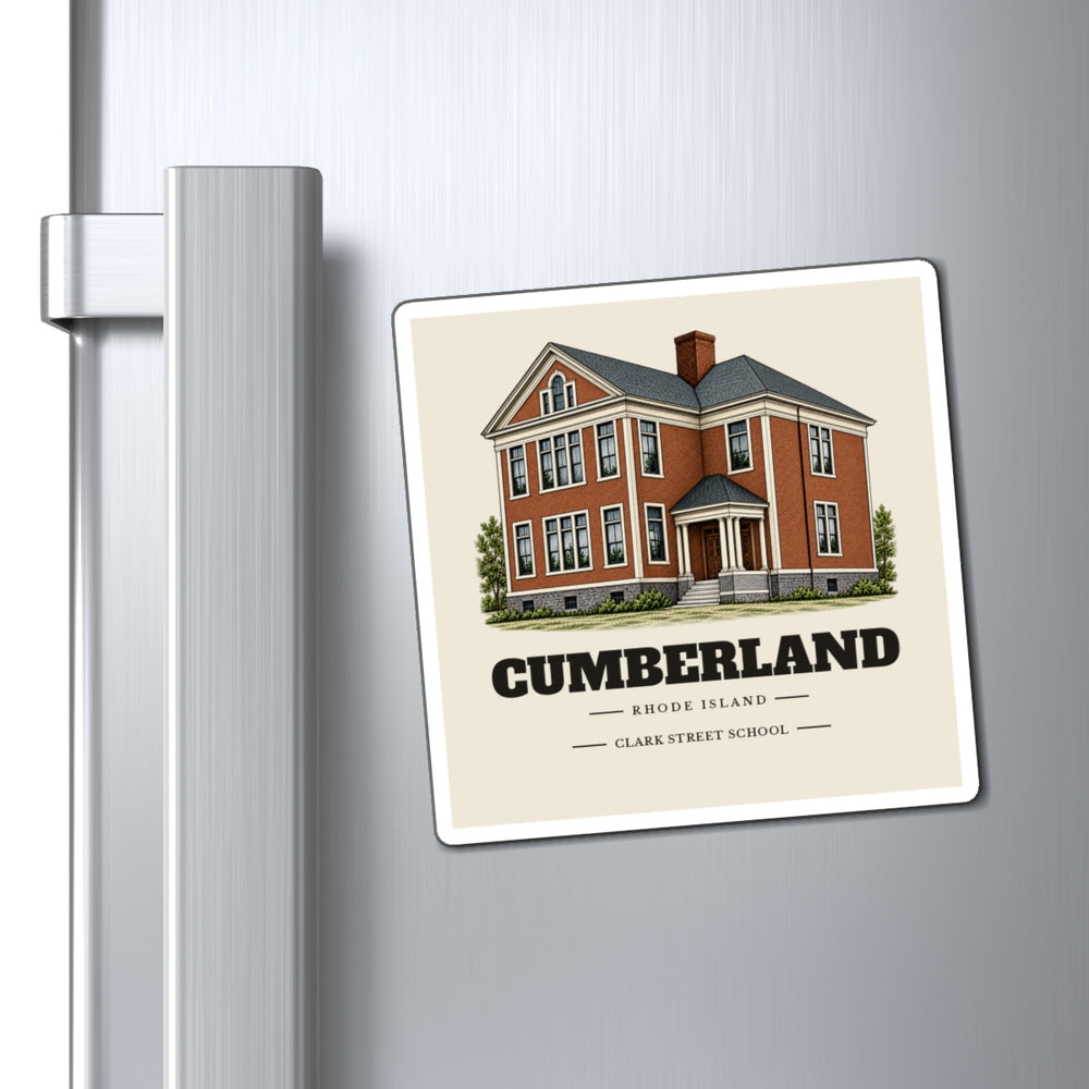 Cumberland Clark Street School 4 inch magnet shown on a refrigerator