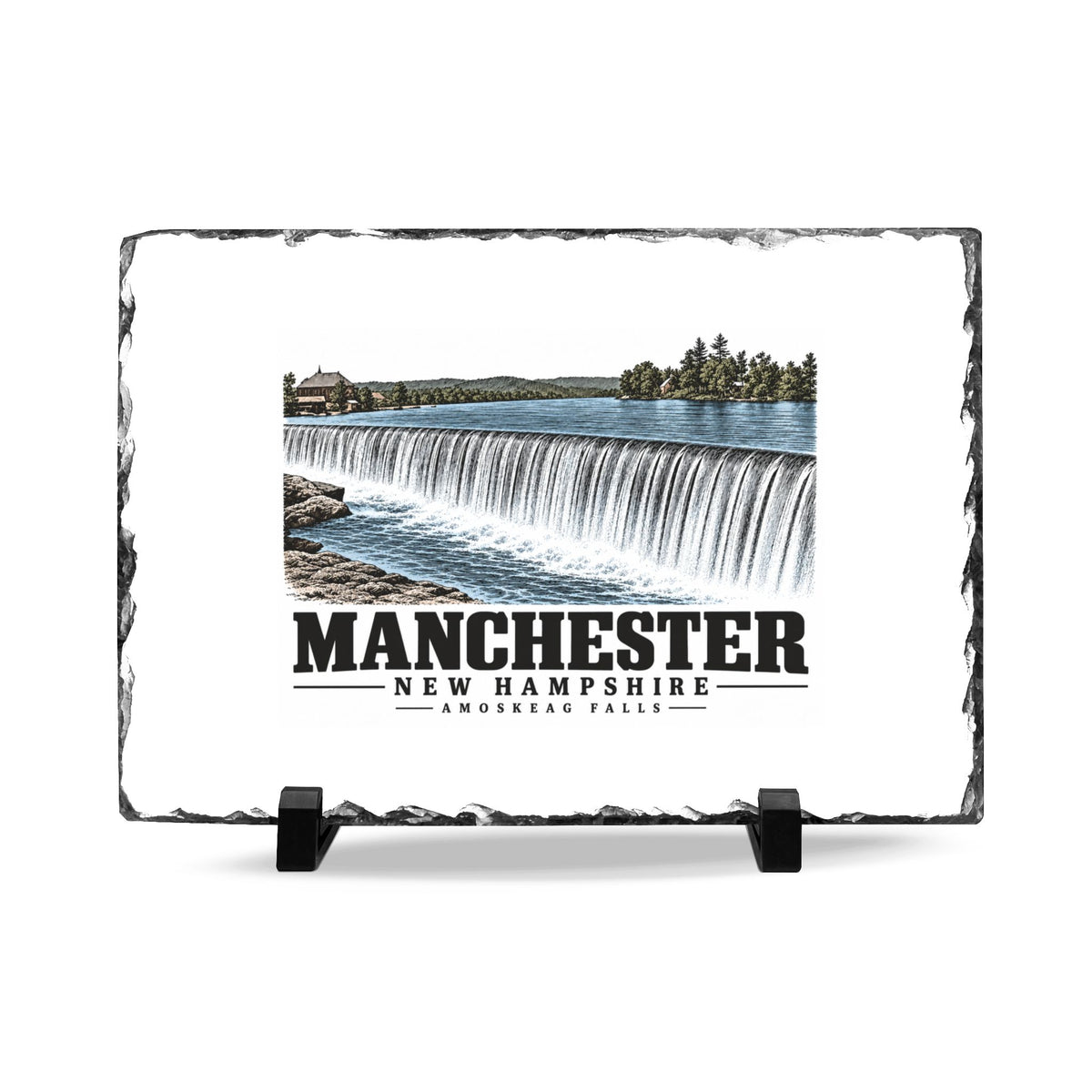 Front on display stands of Amoskeag Falls slate desk plaque, with Manchester, New Hampshire artwork and lettering.