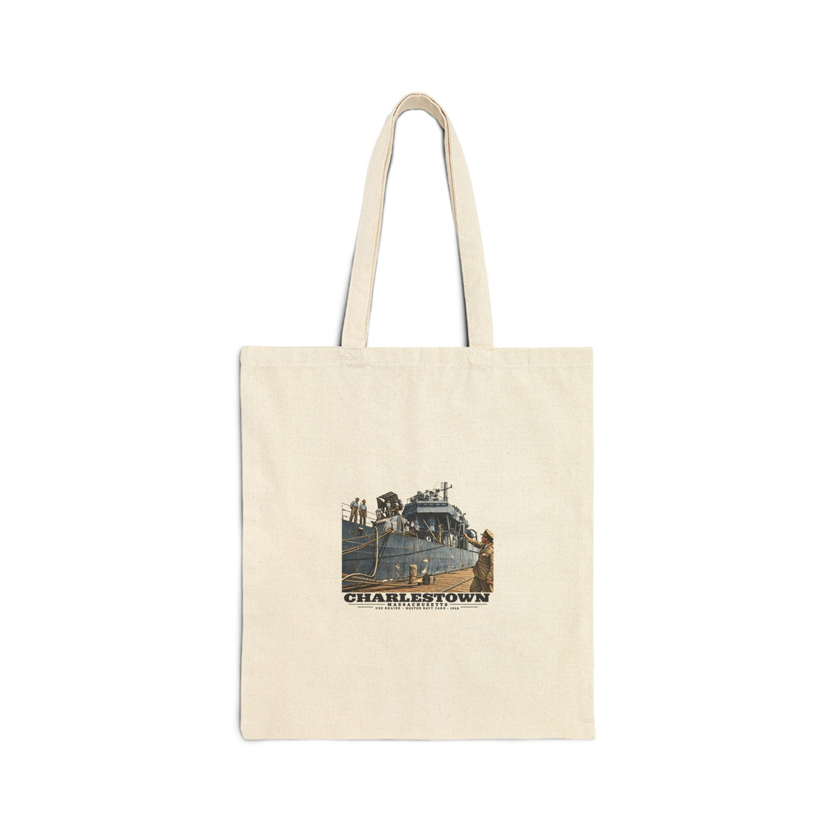 Illustrated USS Braine at Boston Navy Yard in Charlestown on cotton canvas tote — natural canvas