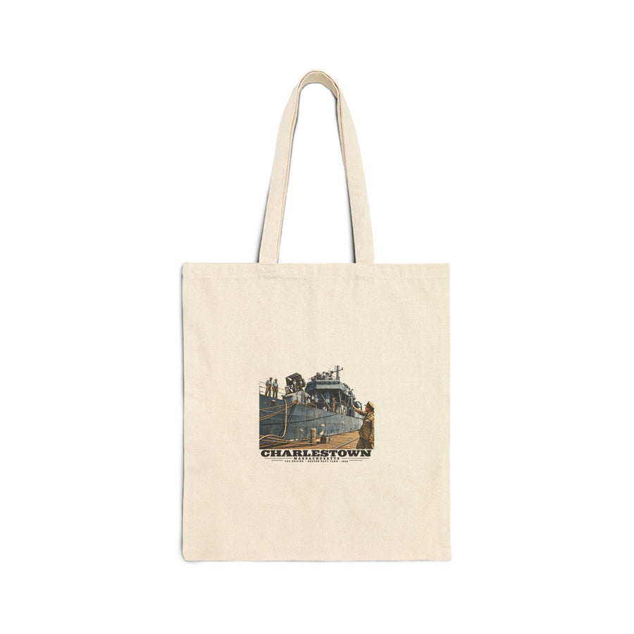 Illustrated USS Braine at Boston Navy Yard in Charlestown on cotton canvas tote — natural canvas