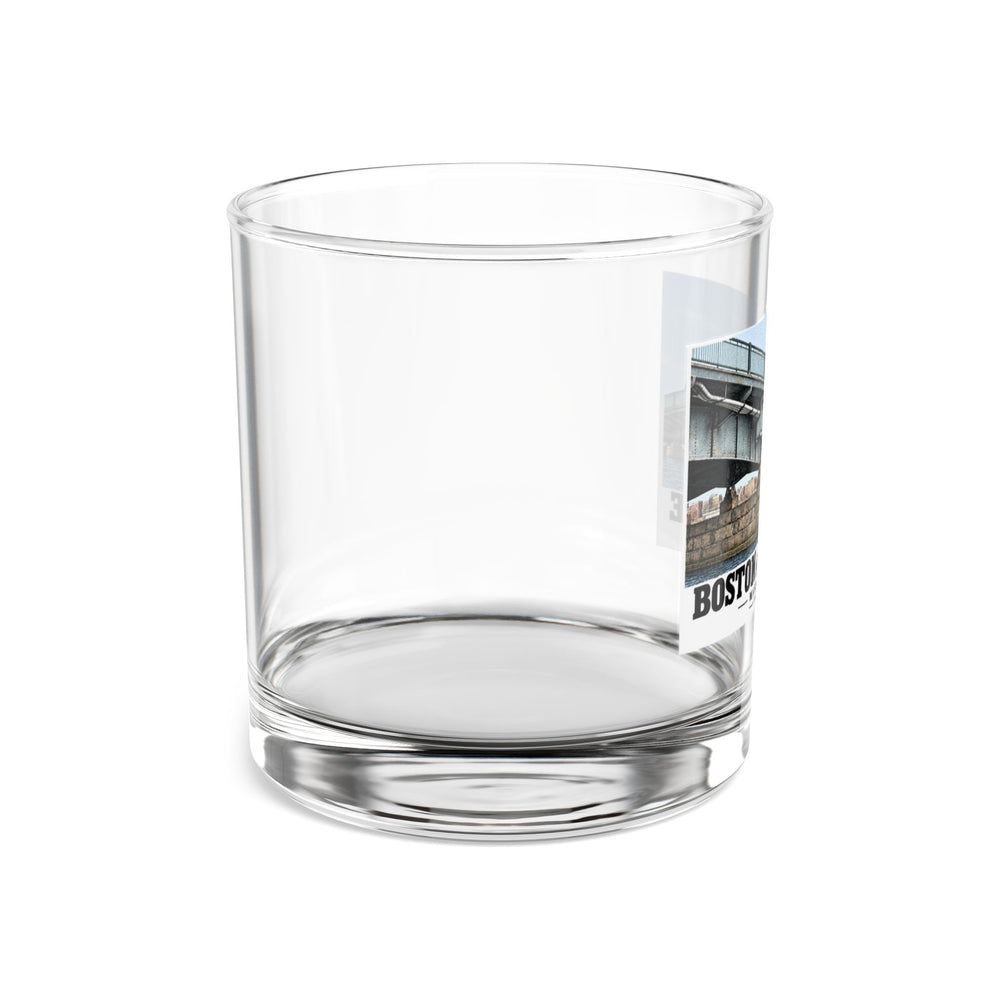 Clear rocks glass side view with part of the Harvard Bridge print visible at the right