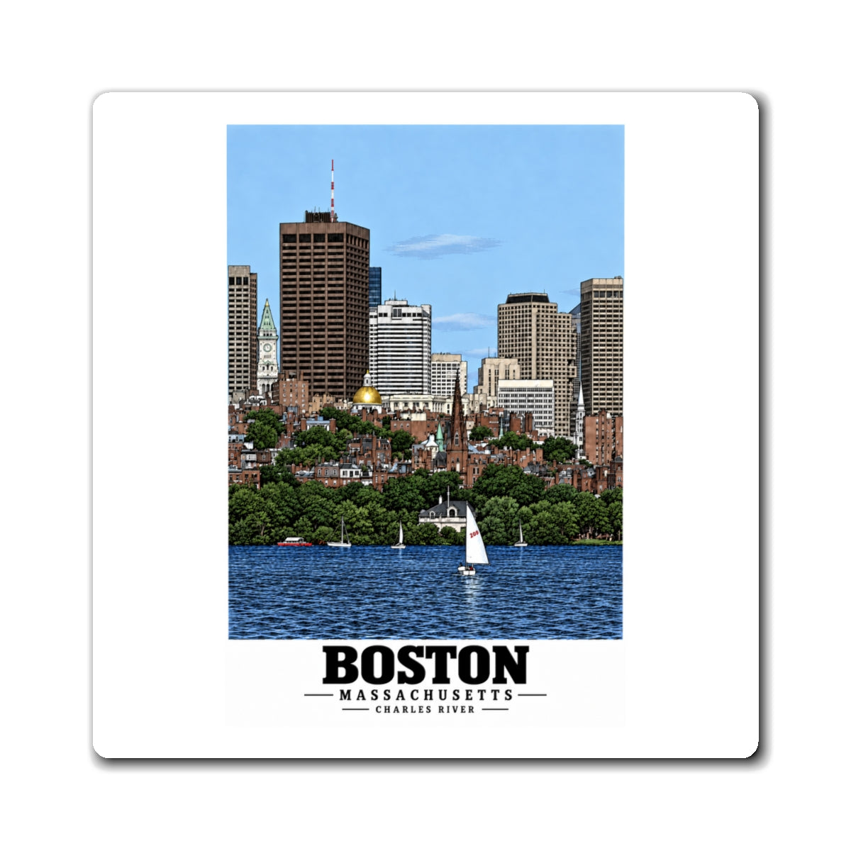 Illustrated View of Boston, Massachusetts, from the Charles River in Boston and Cambridge on square magnet
