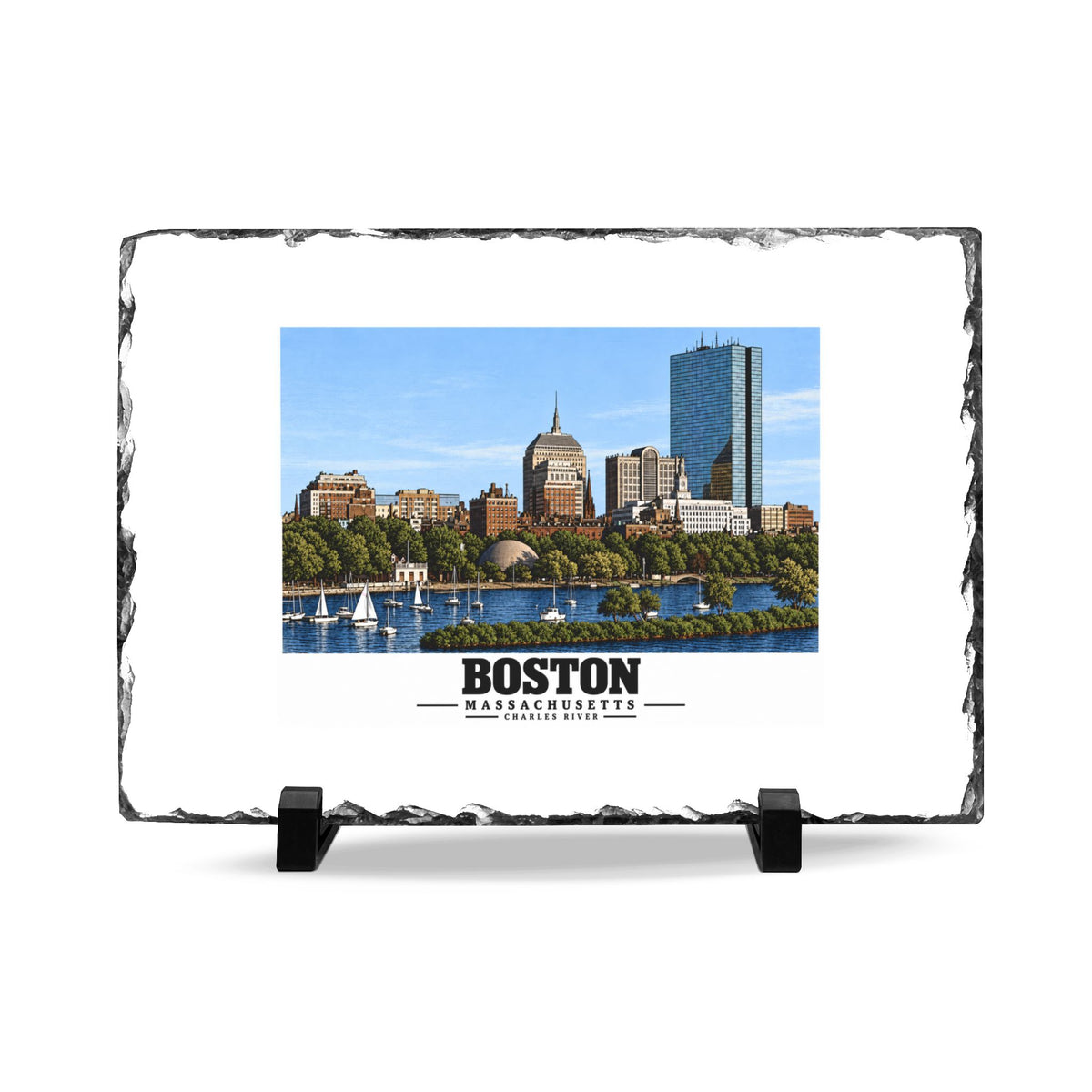 Illustrated St. Charles River view of Boston, Massachusetts in Boston and Cambridge on slate desk plaque