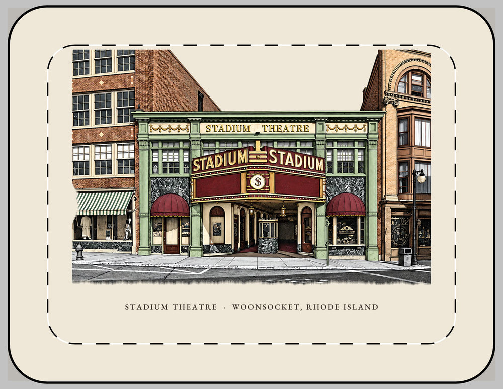 Woonsocket Stadium Theatre 13-inch laptop sleeve mockup showing the full illustrated print