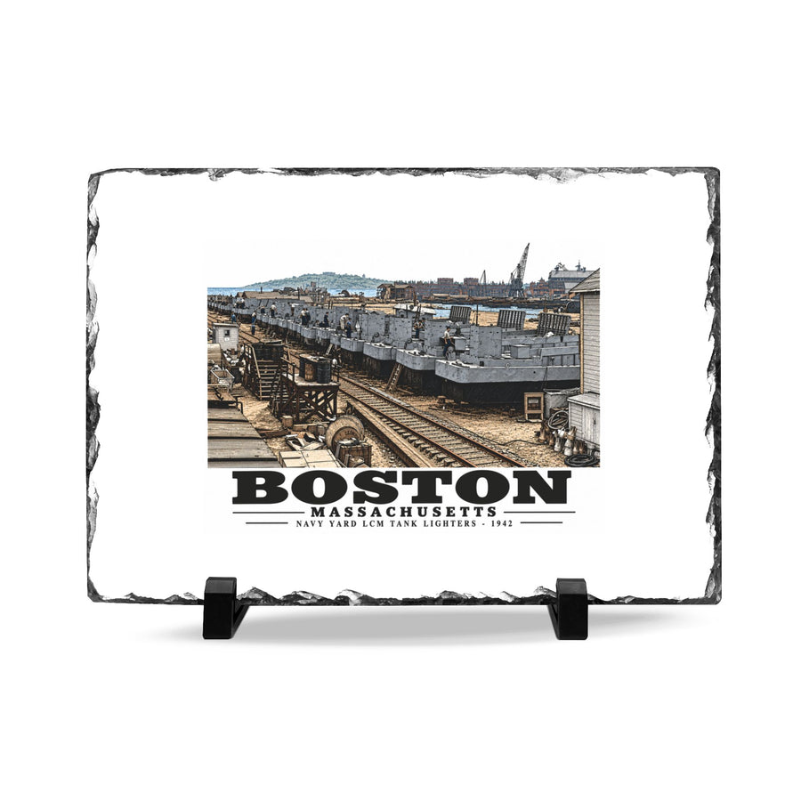 Illustrated Tank Lighters at Boston Navy Yard in Charlestown on slate desk plaque