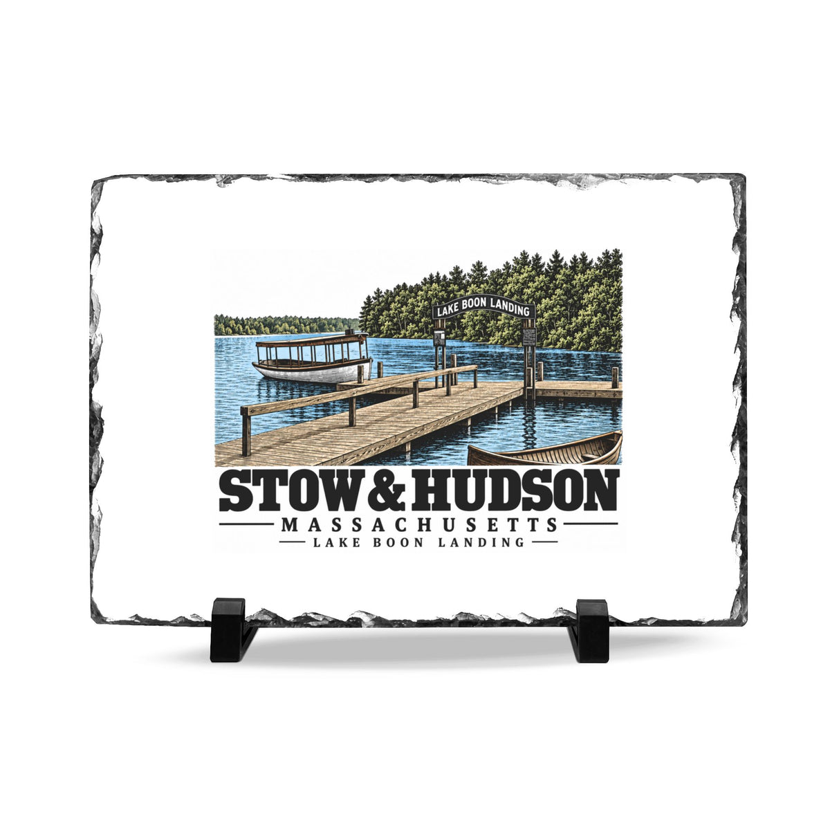 Illustrated Lake Boon Landing in Stow and Hudson on slate desk plaque