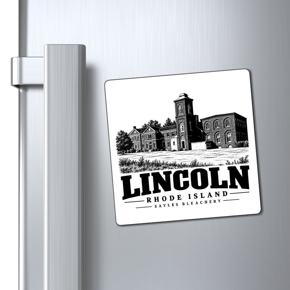 Sayles Bleachery, Lincoln, Rhode Island — 4-inch square magnet displayed at an angle on a refrigerator door.