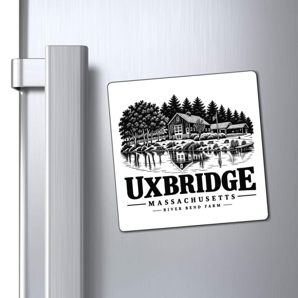 Uxbridge River Bend Farm 4-inch magnet displayed on a refrigerator