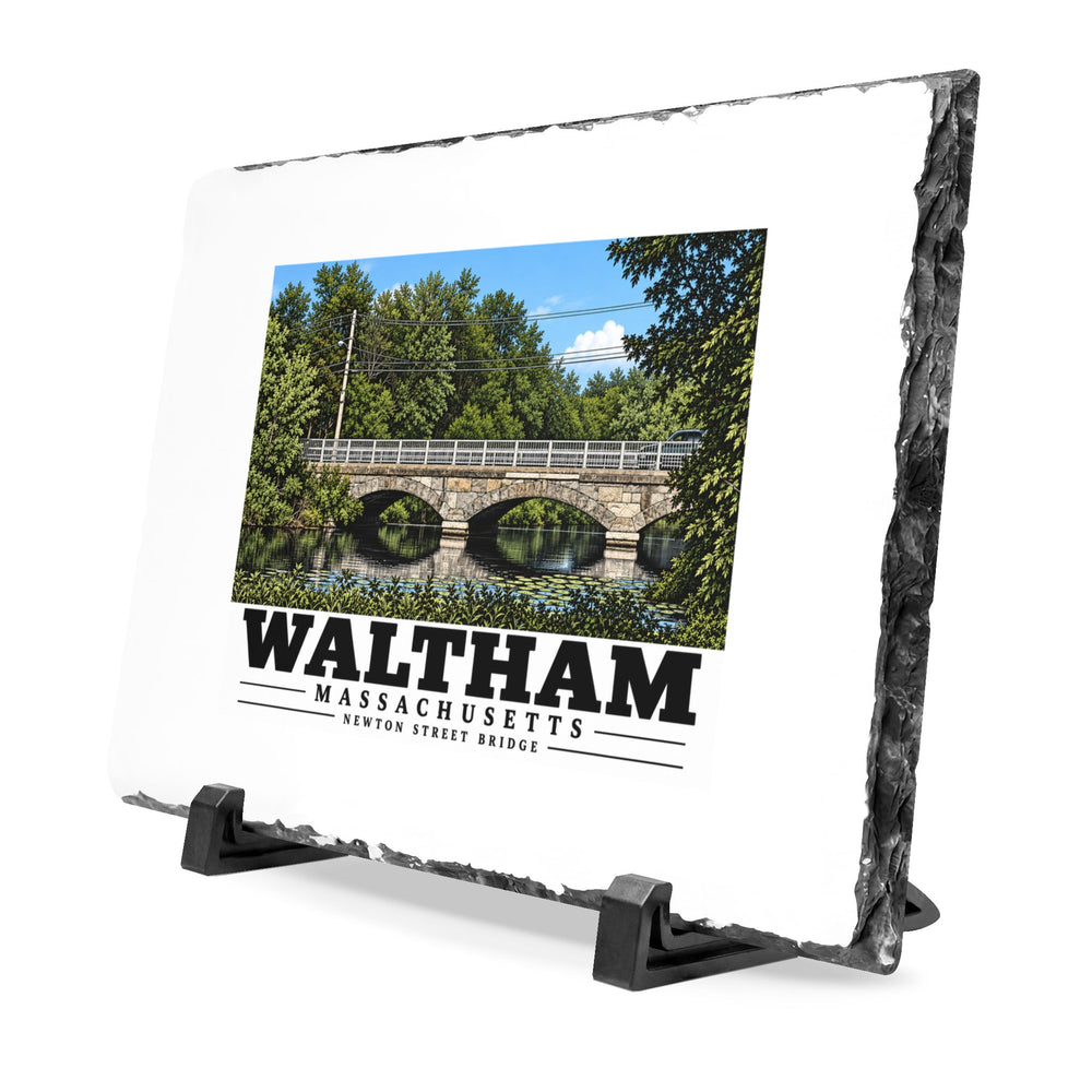 Angled view of the Waltham Newton Street Bridge slate desk plaque on black stands.