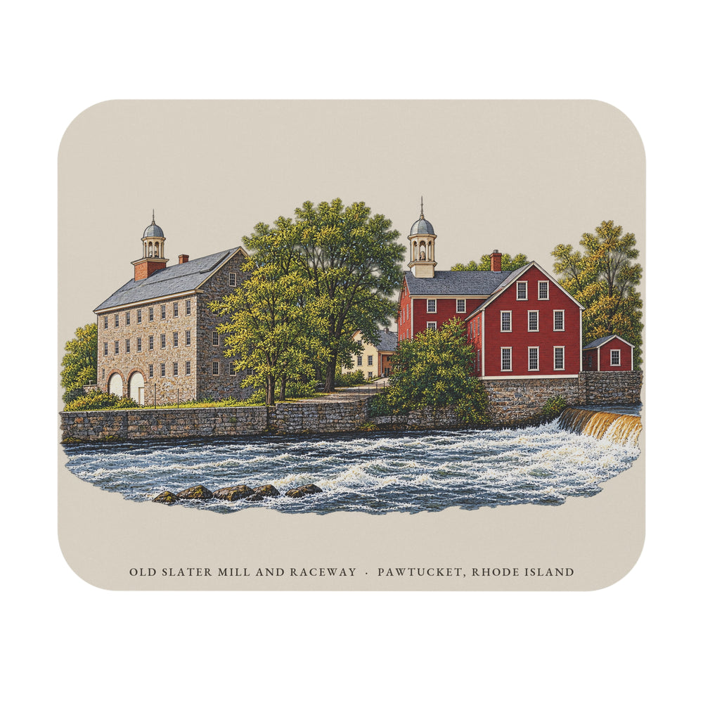 Pawtucket Old Slater Mill and Raceway mouse pad mockup showing the full illustrated print