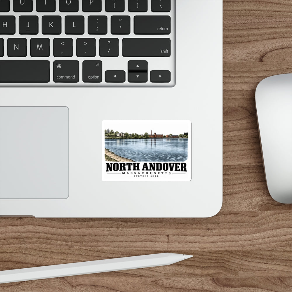 Laptop display of Stevens Mill white die-cut sticker, with North Andover, Massachusetts artwork and lettering.