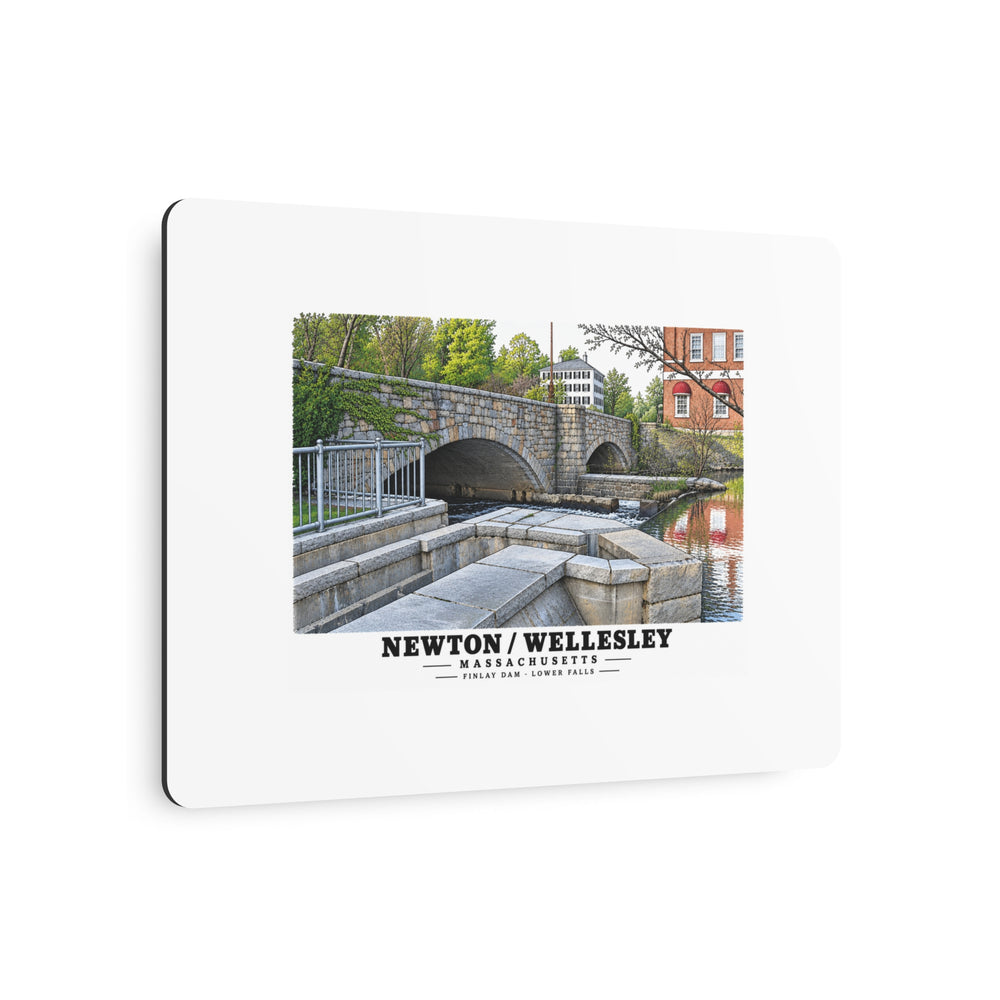 Angled view of Finlay Dam stone arches and water metal print with its dark edge visible