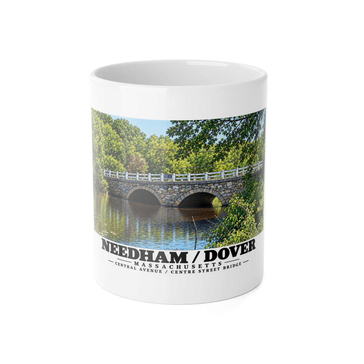 White mug showing Central Avenue / Centre Street Bridge stone arches and river artwork and Needham/Dover lettering