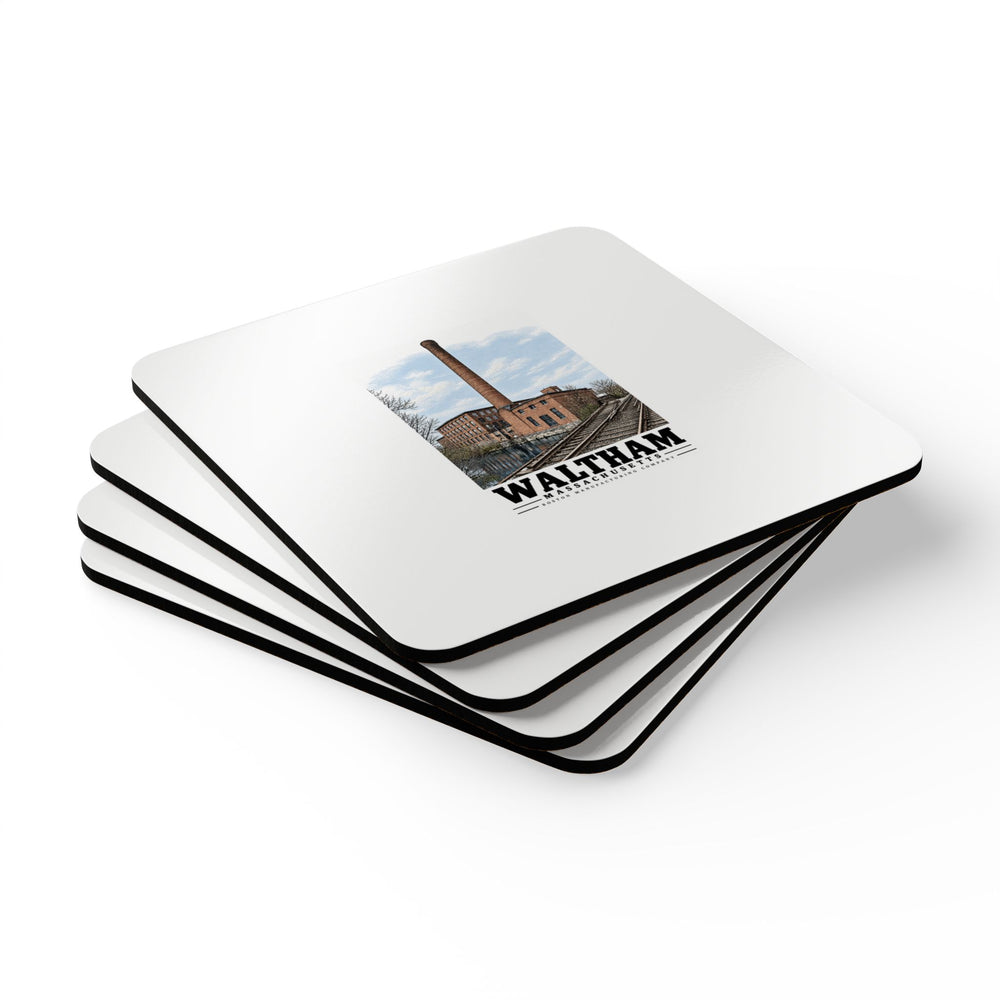 Angled stack of four coasters showing Boston Manufacturing Company boilerhouse and railway artwork.