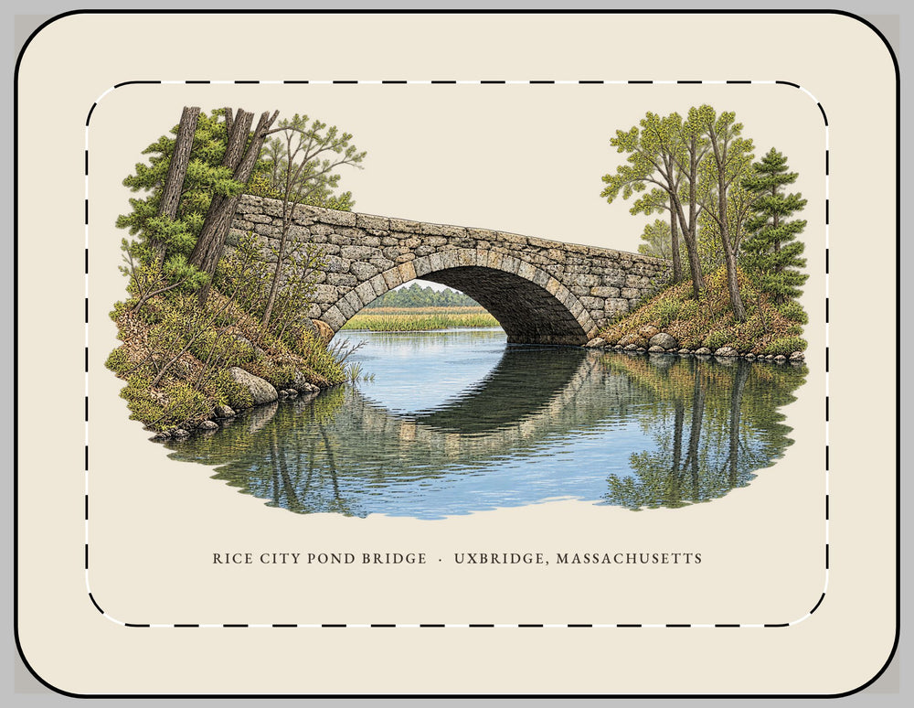 Uxbridge Rice City Pond Bridge 13-inch laptop sleeve mockup showing the full illustrated print