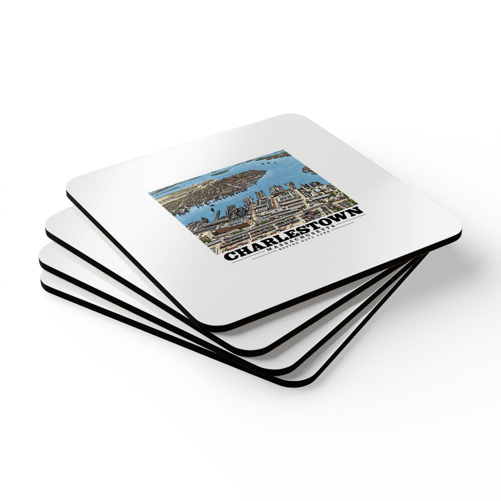 Illustrated Charlestown Navy Yard from the Harbor in Charlestown on corkwood coaster set