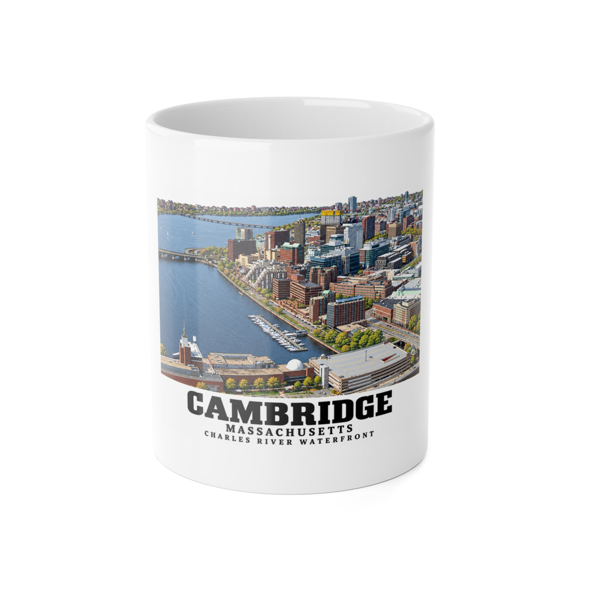 White mug showing Cambridge Charles River waterfront aerial city view artwork and Cambridge lettering