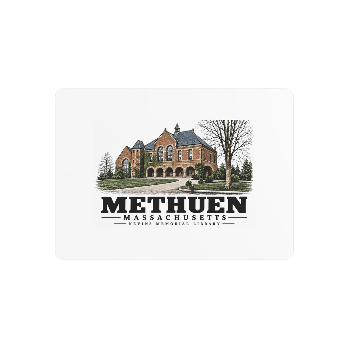 Front of Nevins Memorial Library metal wall art, with Methuen, Massachusetts artwork and lettering.