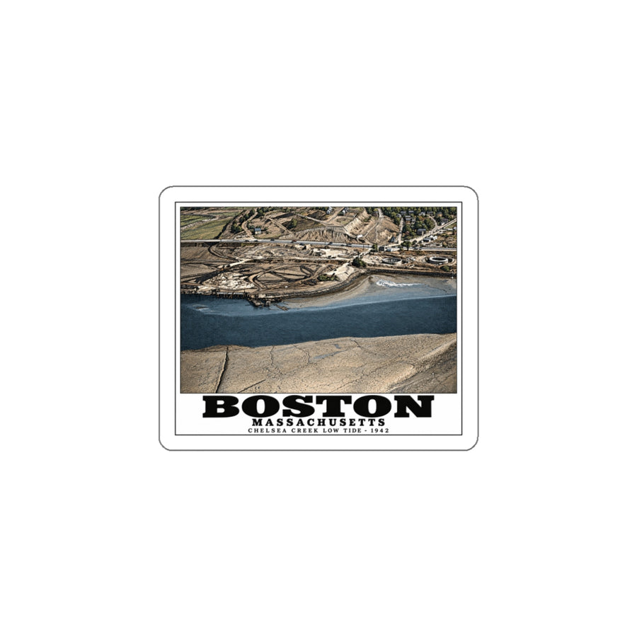 Shoreline, Chelsea Creek, East Boston, MA, Low Tide, Oil Storage 4 in White Die-Cut Sticker - Boston Harbor