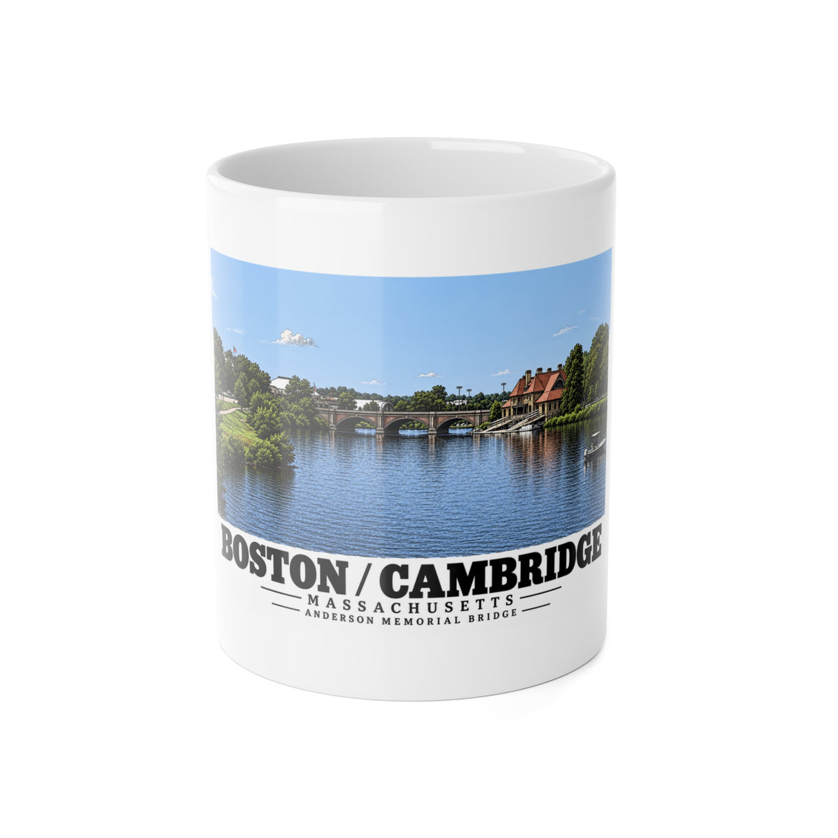 White mug showing Anderson Memorial Bridge distant river view artwork and Boston/Cambridge lettering
