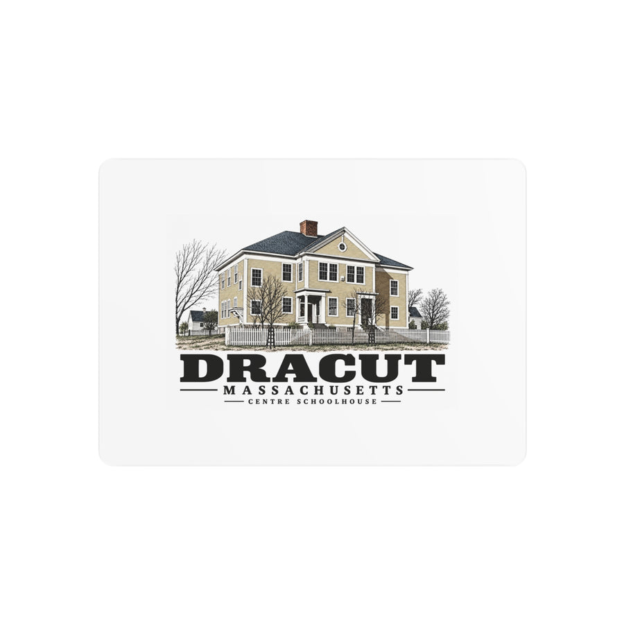 Front of Centre Schoolhouse metal wall art, with Dracut, Massachusetts artwork and lettering.