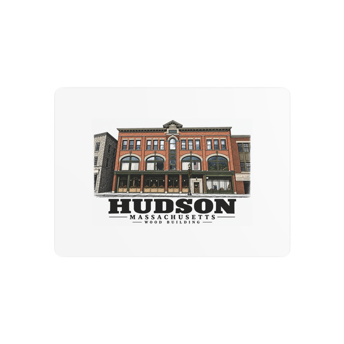 Illustrated Wood Building in Hudson on metal art sign