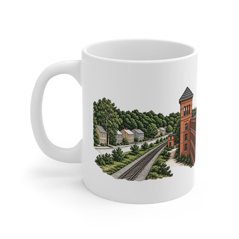 Cumberland Ashton Mill & Village 11 oz ceramic mug — artwork view, handle left — Familiar History