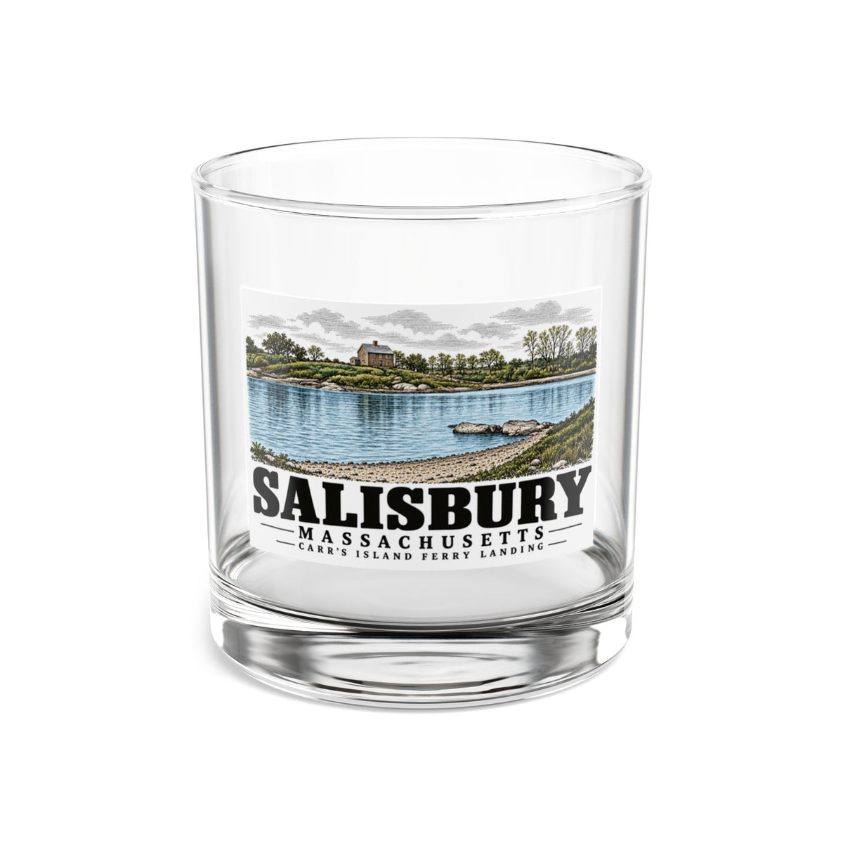 Front of Carr's Island Ferry Landing rocks glass, with Salisbury, Massachusetts artwork and lettering.
