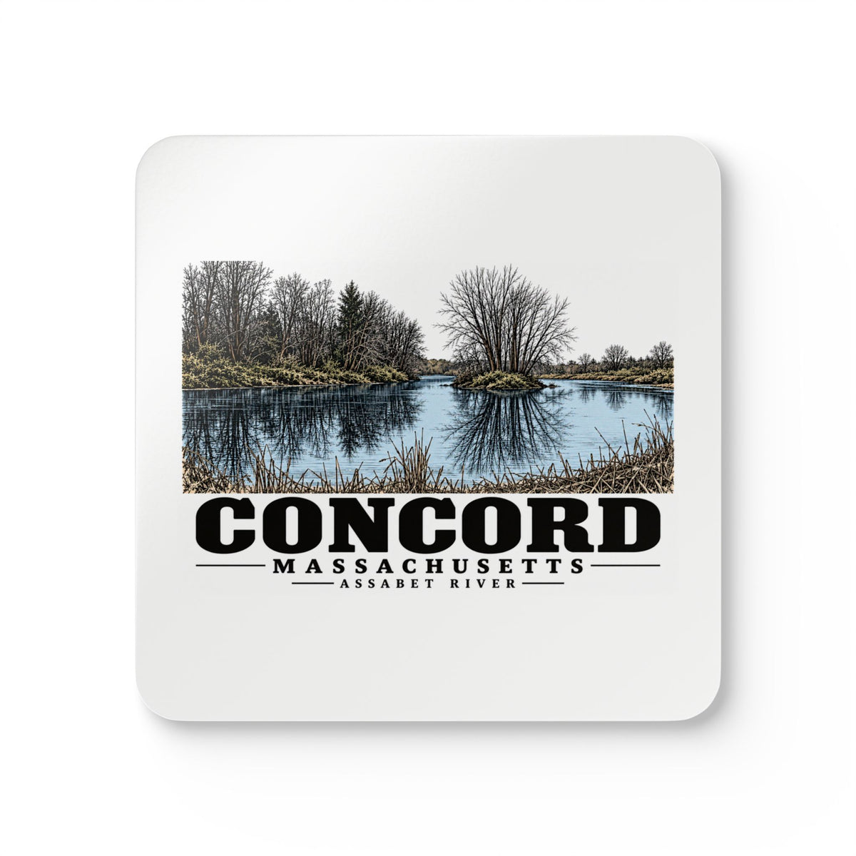 Illustrated Assabet River in Concord on corkwood coaster set