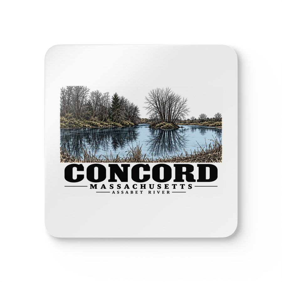 Illustrated Assabet River in Concord on corkwood coaster set