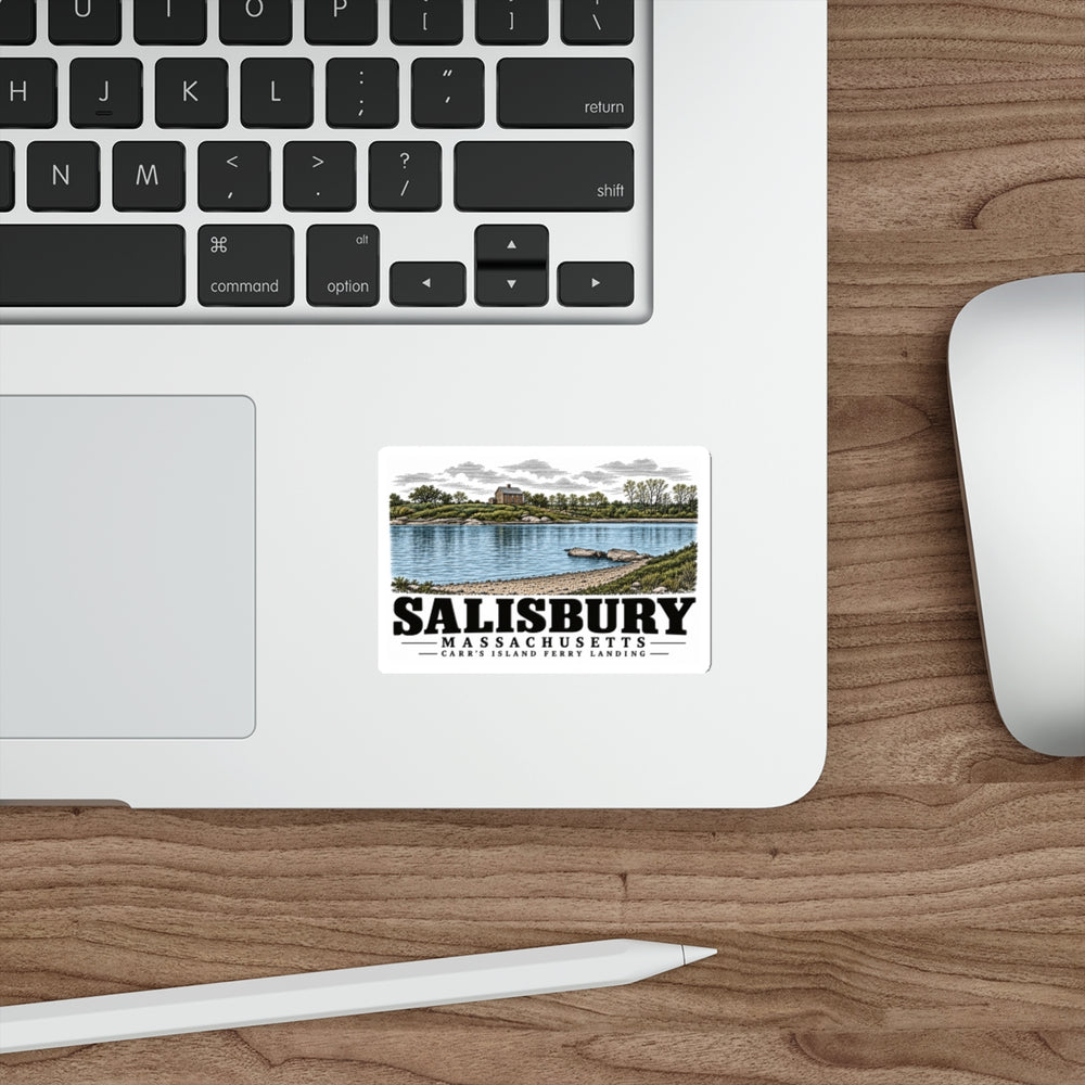 Laptop display of Carr's Island Ferry Landing white die-cut sticker, with Salisbury, Massachusetts artwork and lettering.