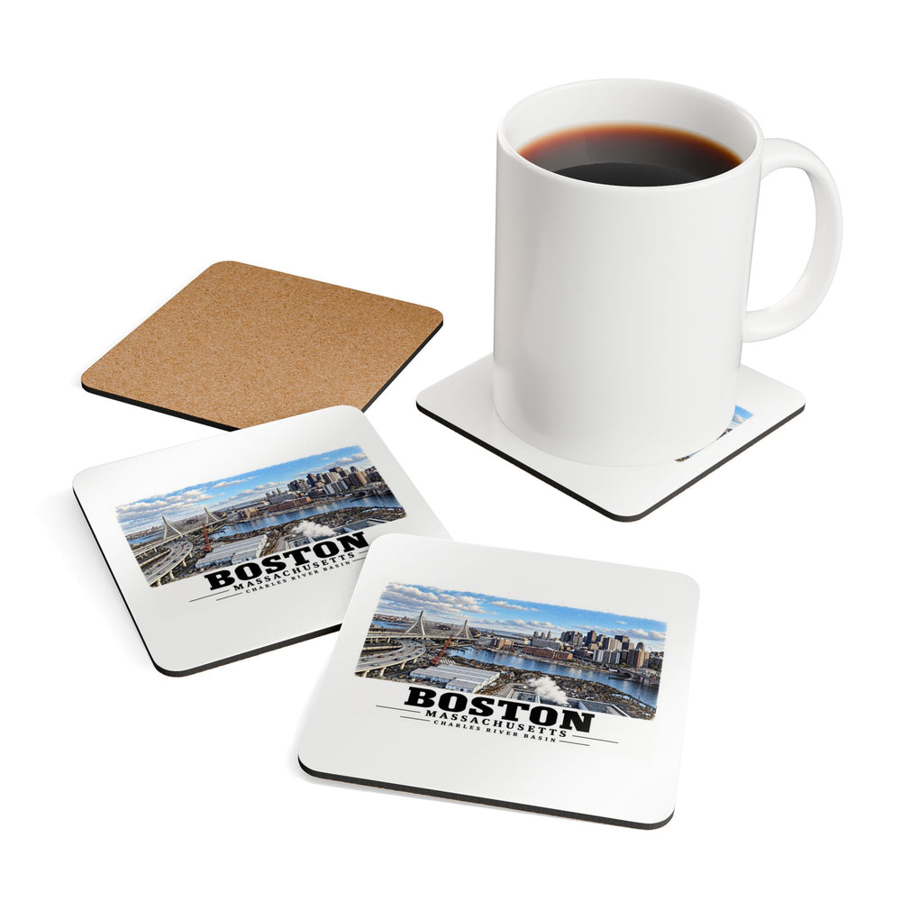 Coasters showing Boston skyline, cable-stayed bridge and Charles River basin artwork beside a plain white mug of coffee and a coaster's cork reverse