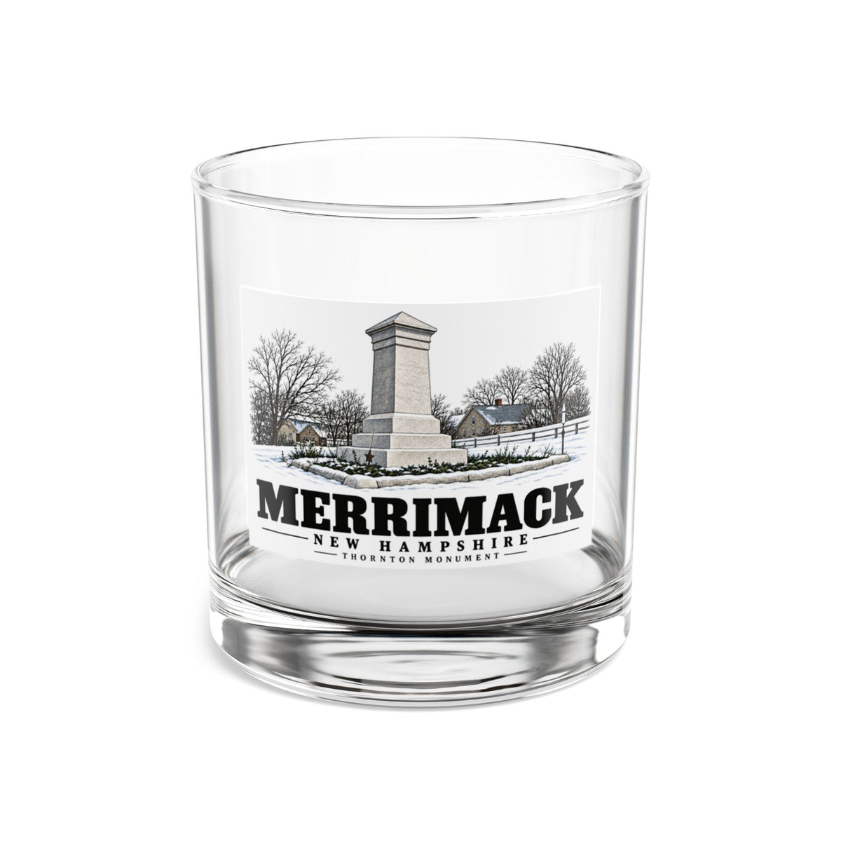Front of Thornton Monument rocks glass, with Merrimack, New Hampshire artwork and lettering.