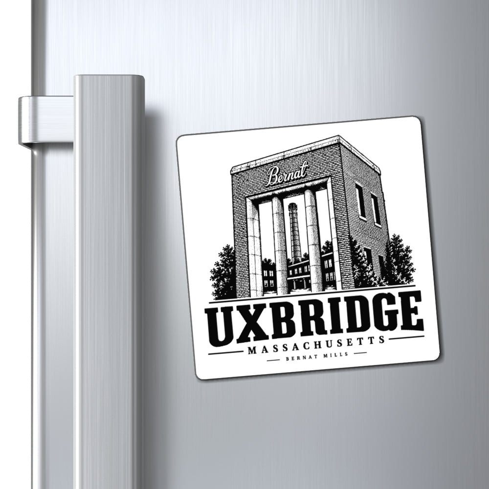 Uxbridge Bernat Mill 4-inch magnet displayed on a refrigerator