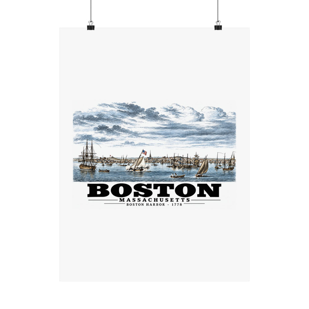 Boston Harbor waterfront scene with sailing ships poster with Boston lettering hanging from two binder clips