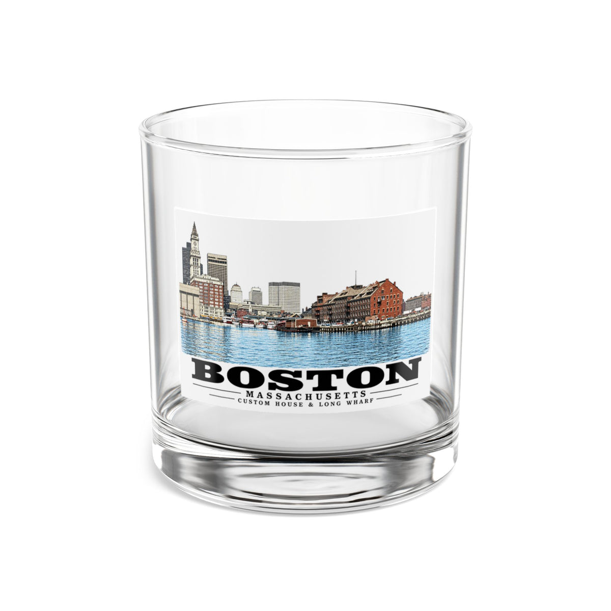 Custom House left to Long Wharf right 10 oz Rocks Glass - Boston Harbor