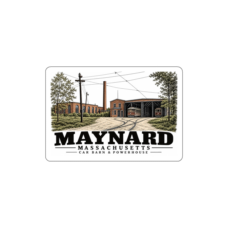 Illustrated Car Barn & Powerhouse in Maynard on die-cut sticker