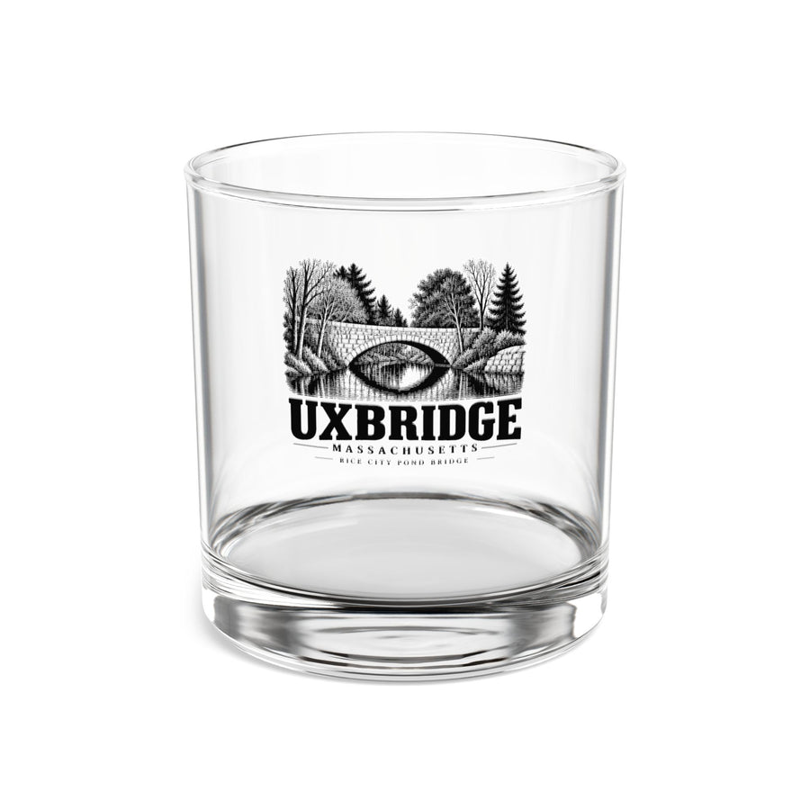 10 oz rocks glass with Uxbridge Rice City Pond Bridge design, front view