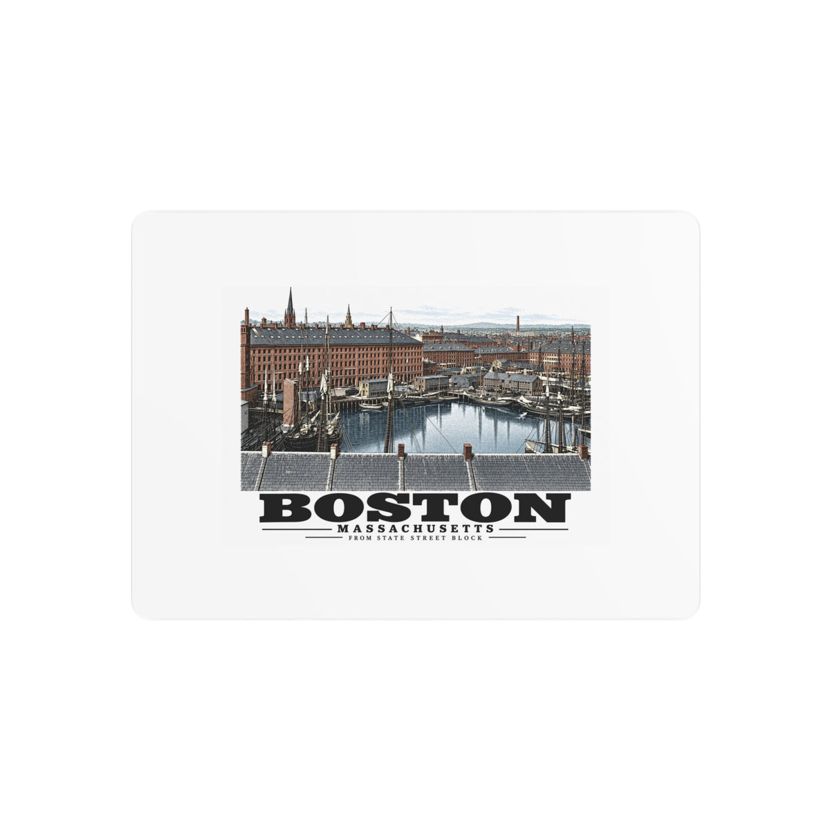 Metal wall print showing Boston waterfront buildings, wharves, boats and harbor water artwork and Boston lettering