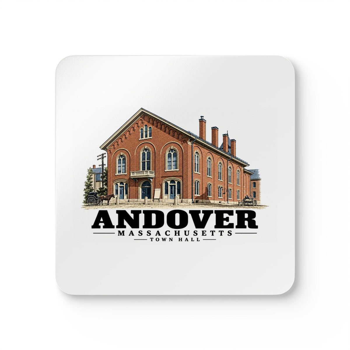 Front of Town Hall square cork-backed coaster set, Andover, Massachusetts.