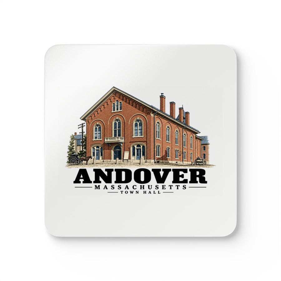 Front of Town Hall square cork-backed coaster set, Andover, Massachusetts.