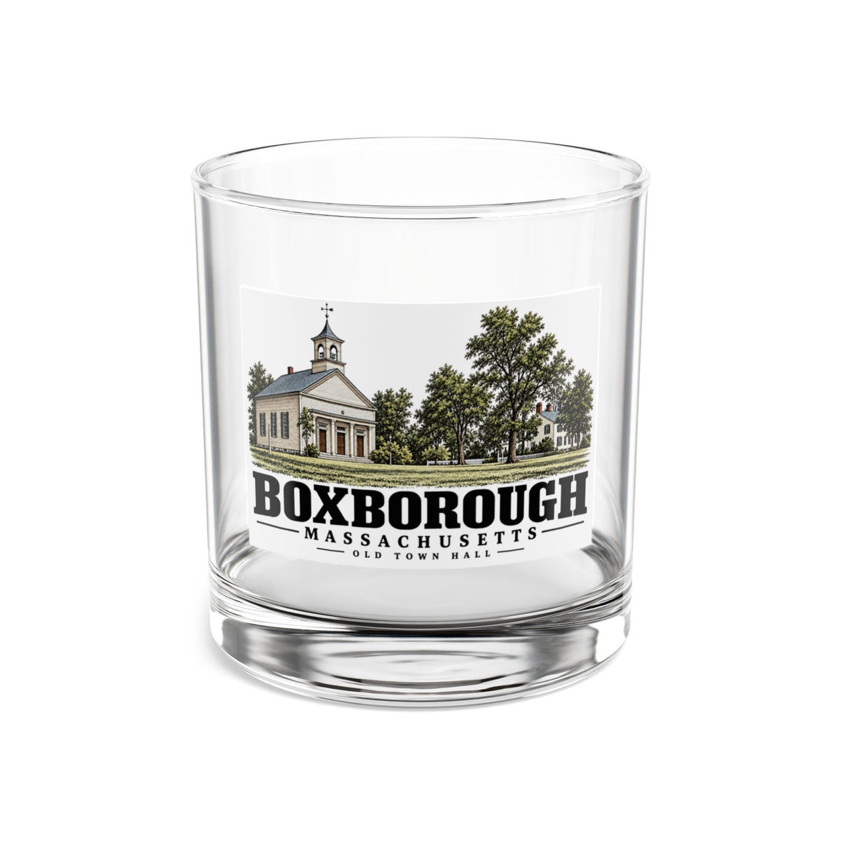 Illustrated Old Town Hall in Boxborough on rocks glass